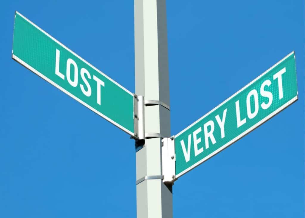 Directional sign with lost and very lost